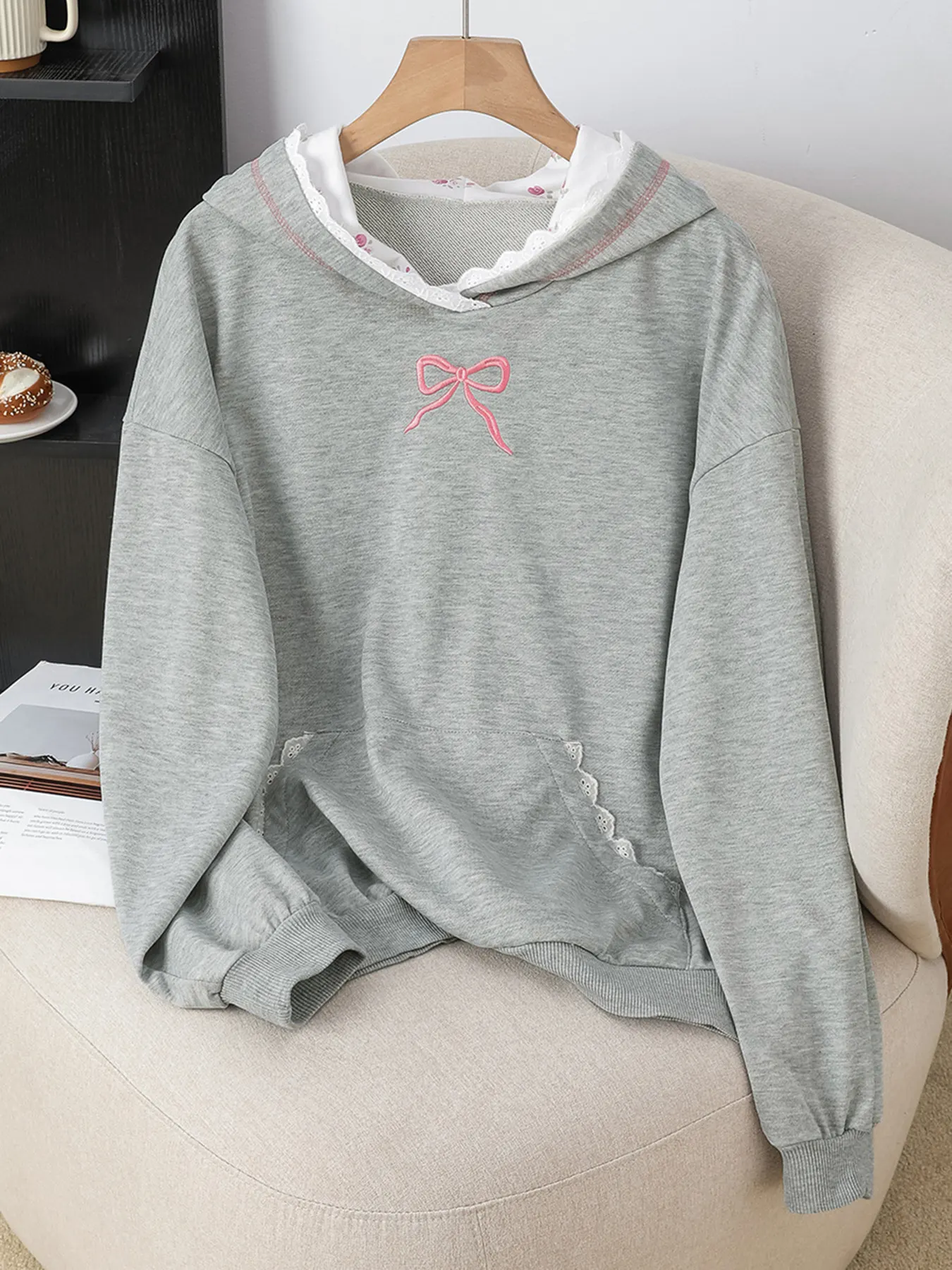 Bow Embroidered Long Sleeve Hoodie