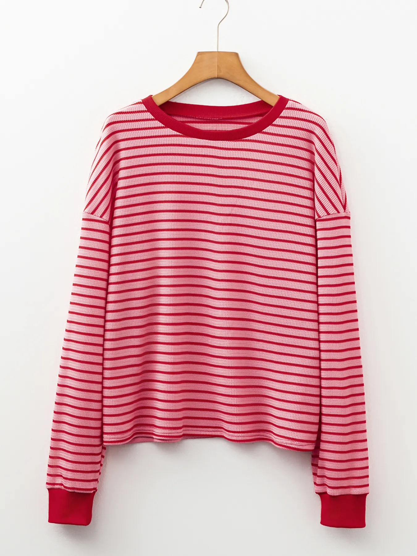 Stripe Textured Round Neck Drop Shoulder Long Sleeve T Shirt 2