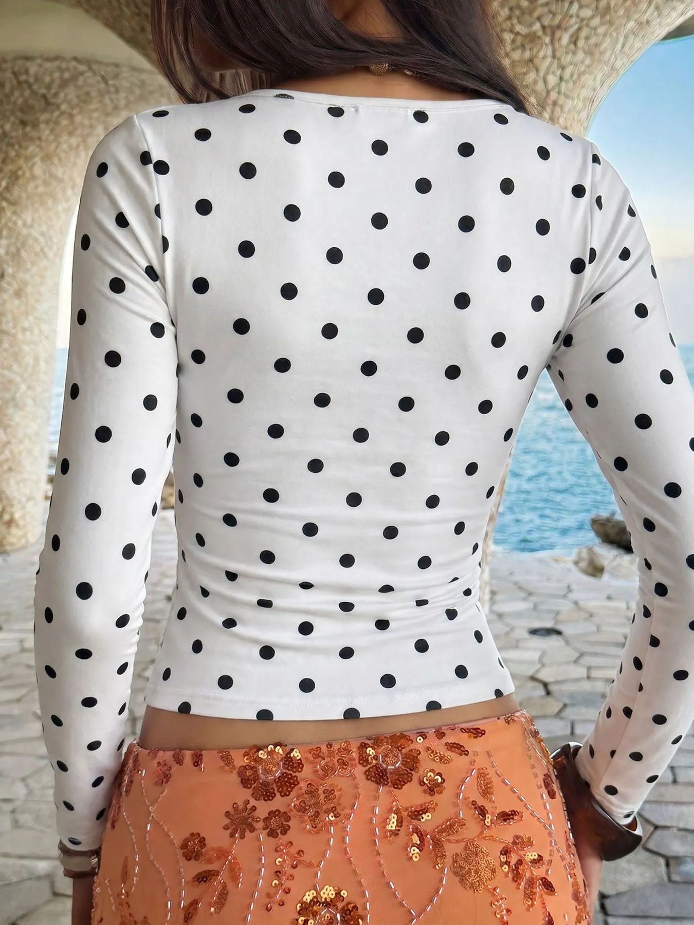 Polka Dot Square Neck Long Sleeve T-Shirt 5