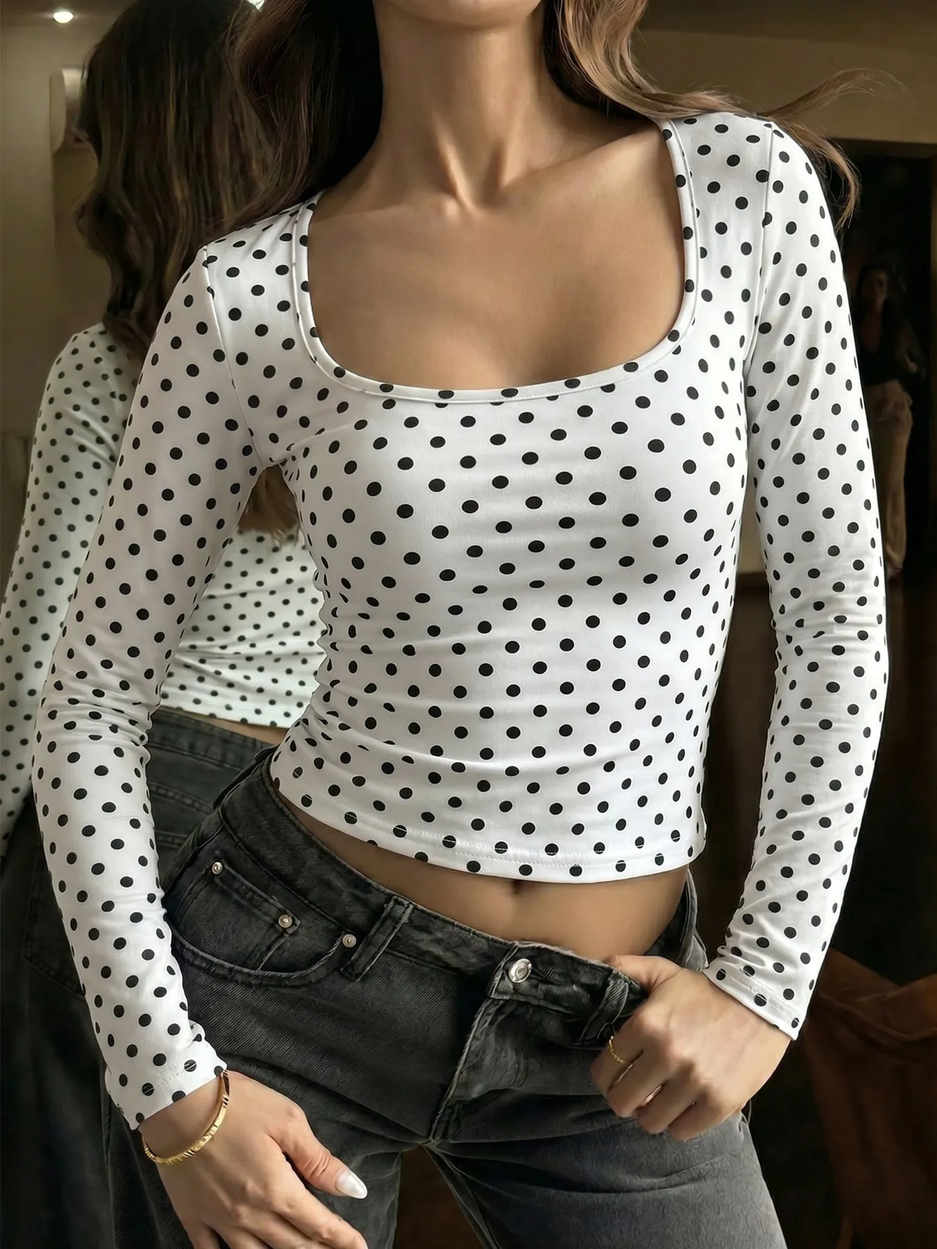 Polka Dot Long Sleeve Cropped T-Shirt 3