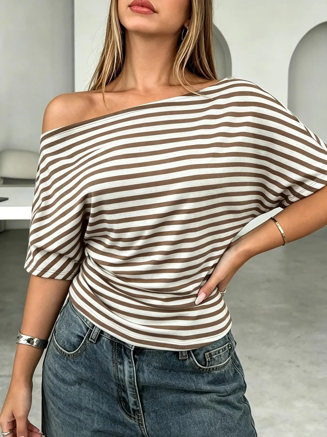One Shoulder Striped Dolman Sleeve T-Shirt 7