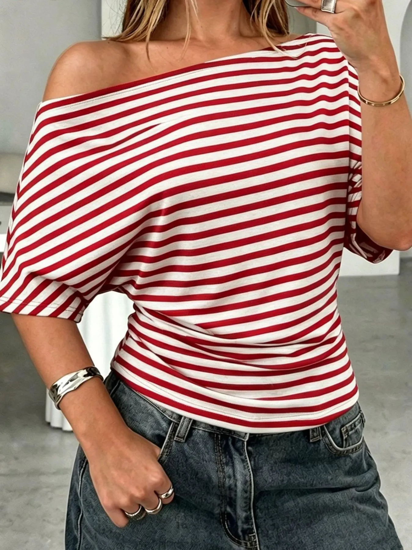 One Shoulder Striped Dolman Sleeve T-Shirt 5