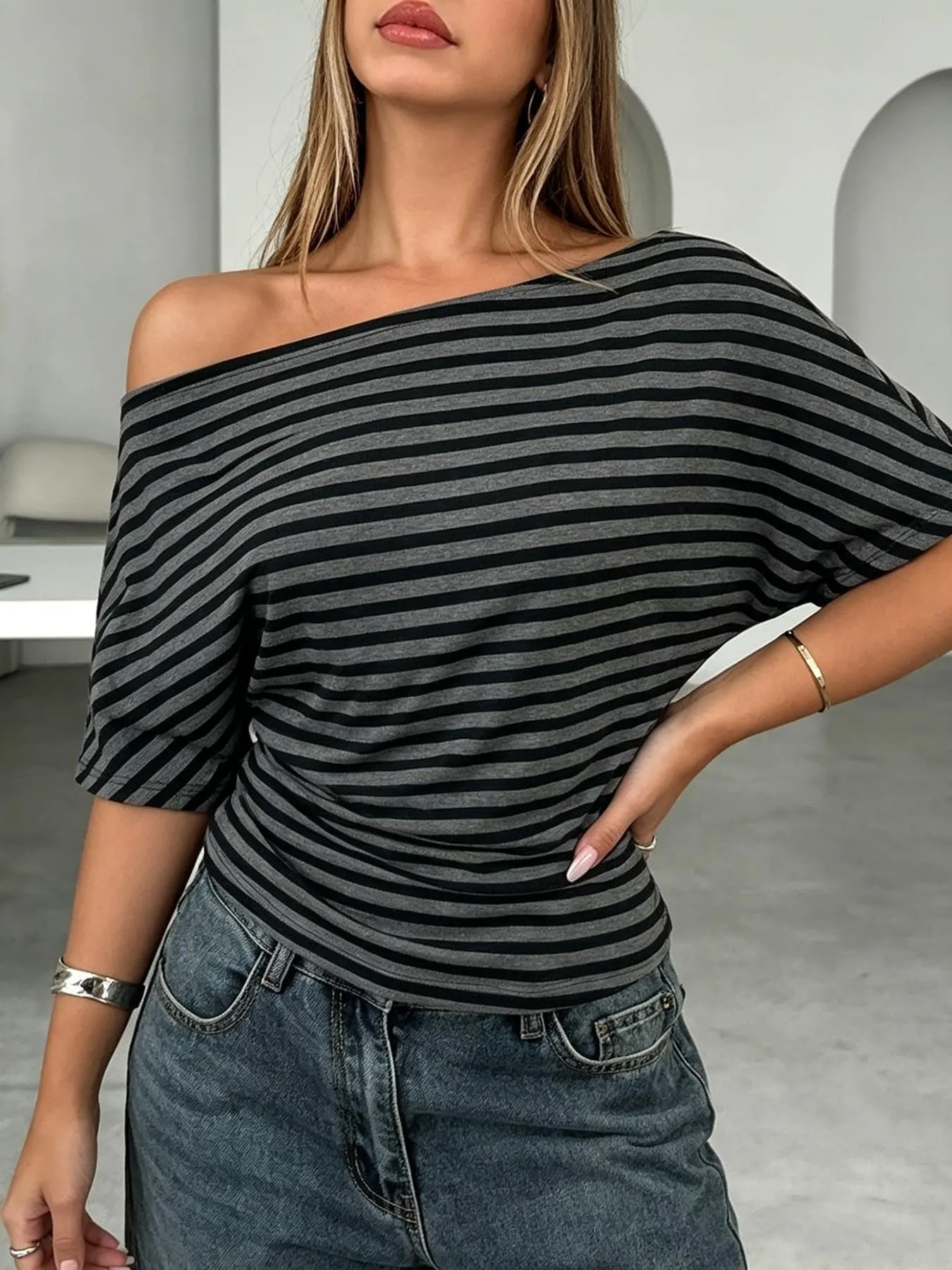 One Shoulder Striped Dolman Sleeve T-Shirt 2