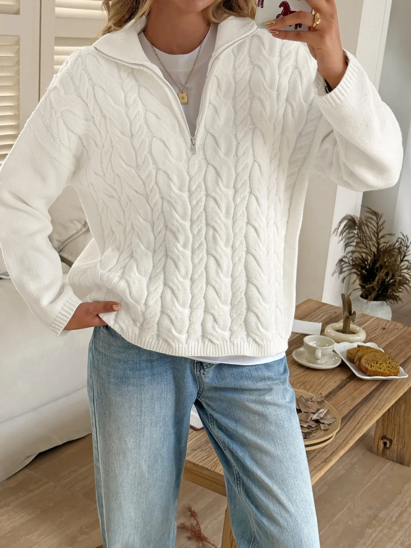 Zip Collar Cable-Knit Sweater 2