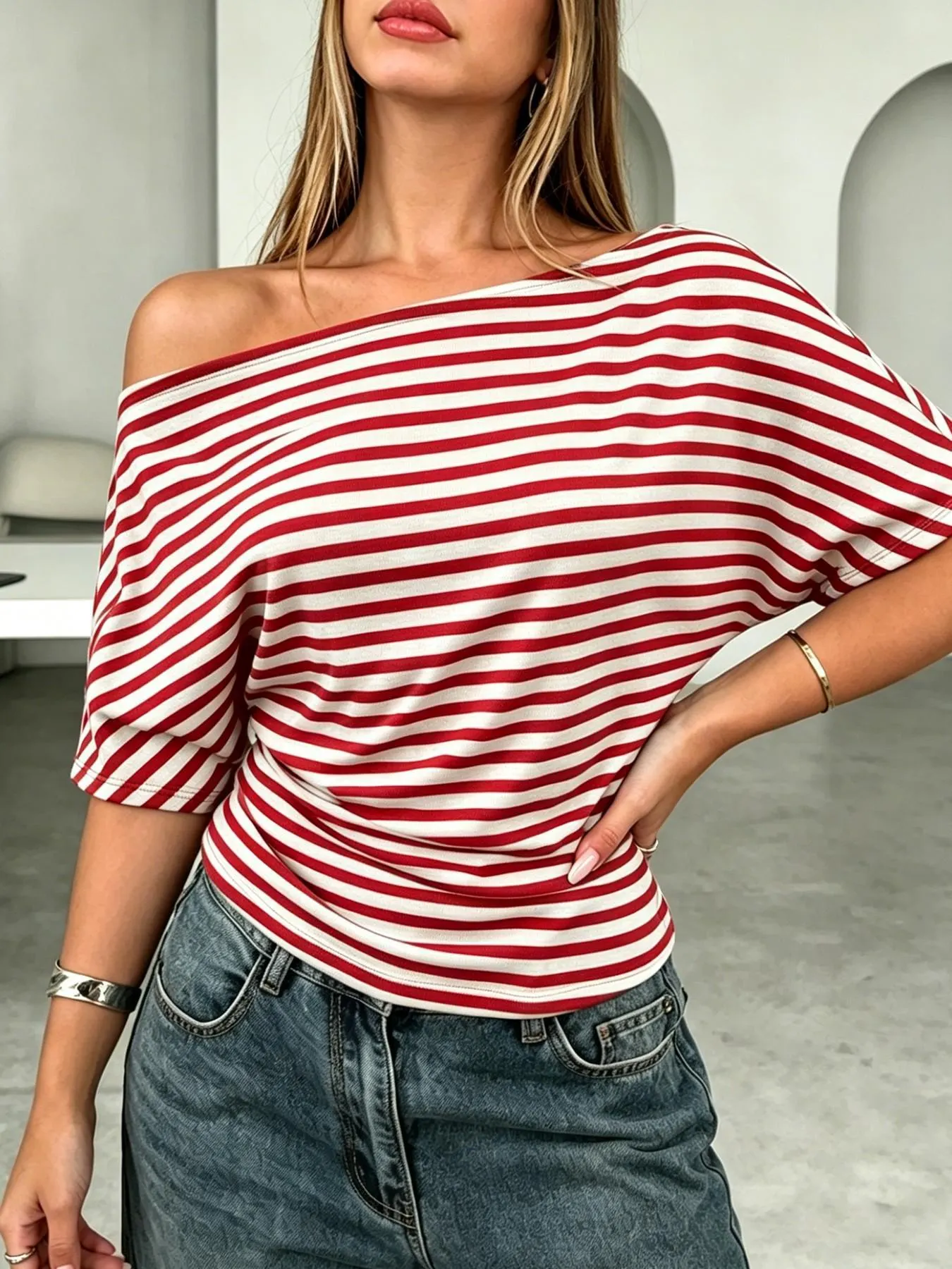 One Shoulder Striped Dolman Sleeve T-Shirt 4