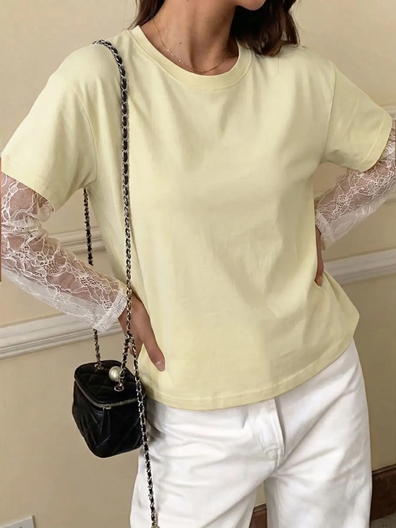 Lace Sleeve Round Neck T-Shirt