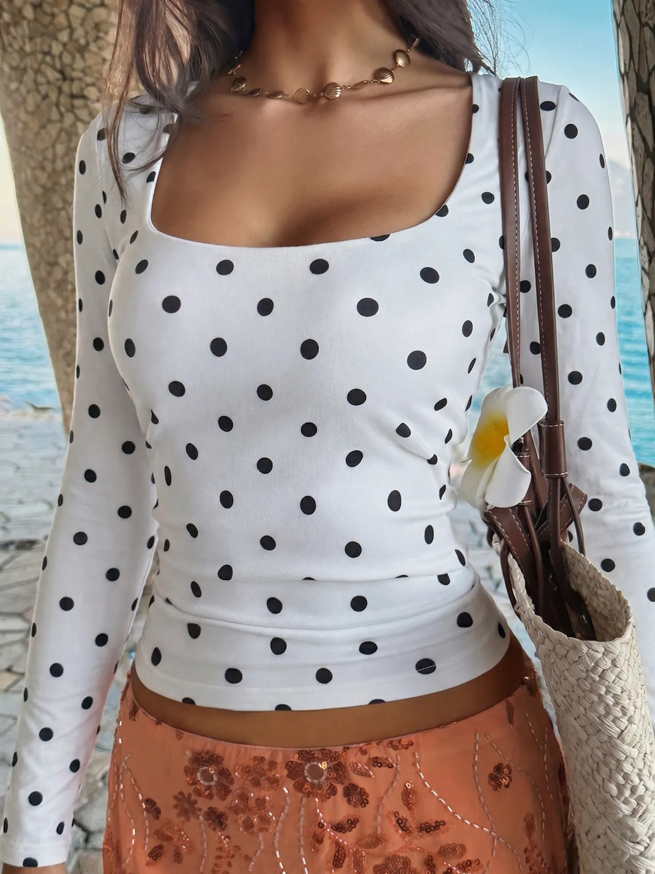 Polka Dot Square Neck Long Sleeve T-Shirt 4