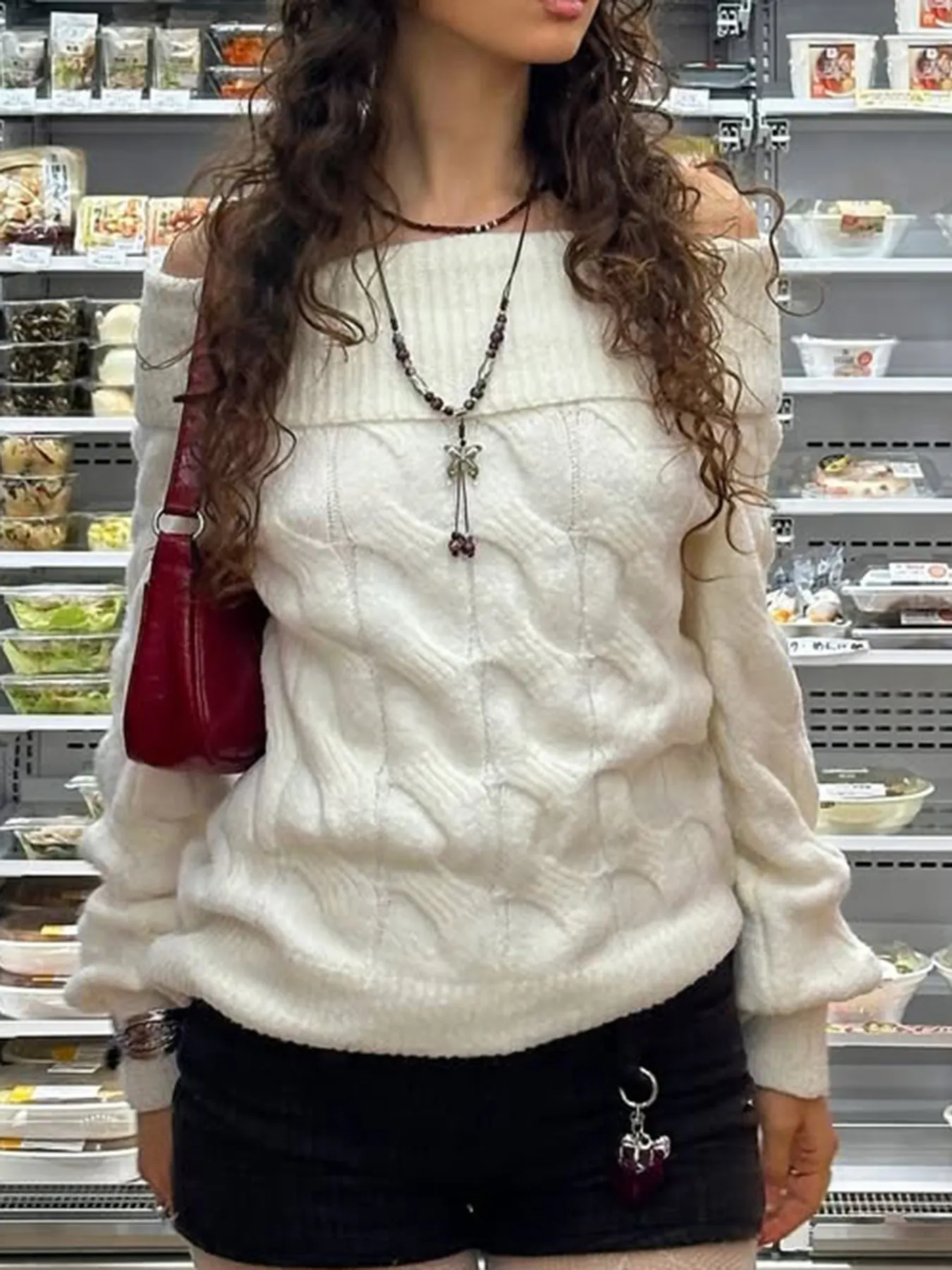 Cable Knit Off-Shoulder Sweater 2