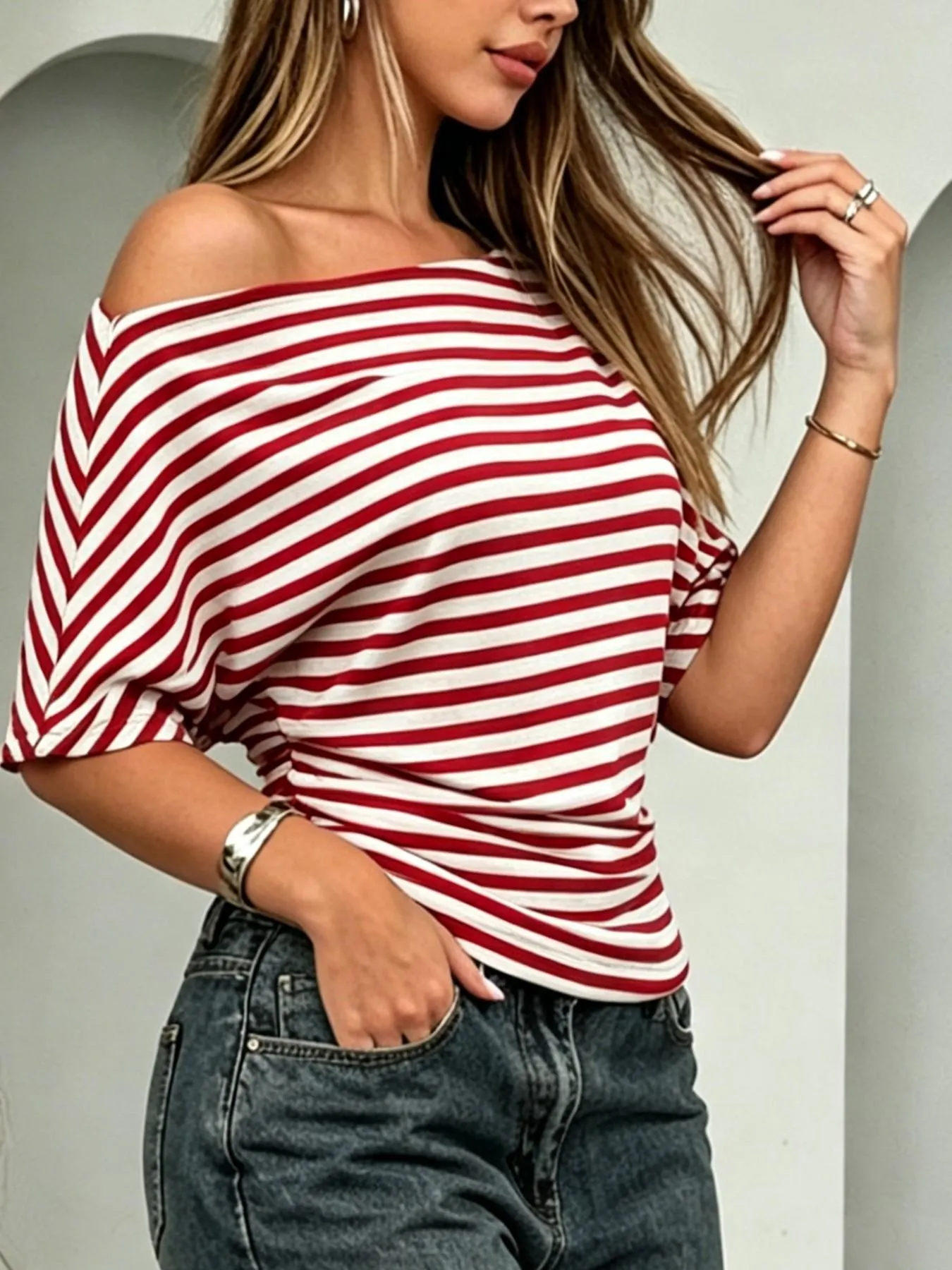 One Shoulder Striped Dolman Sleeve T-Shirt 6