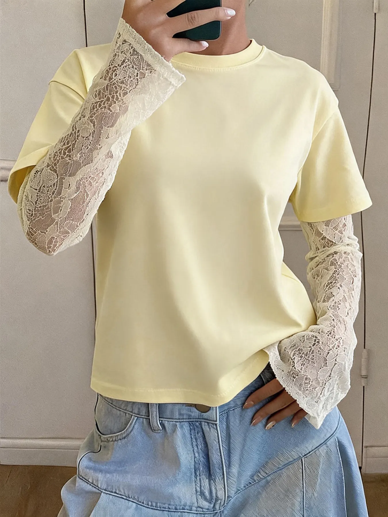 Lace Sleeve Round Neck T-Shirt 2